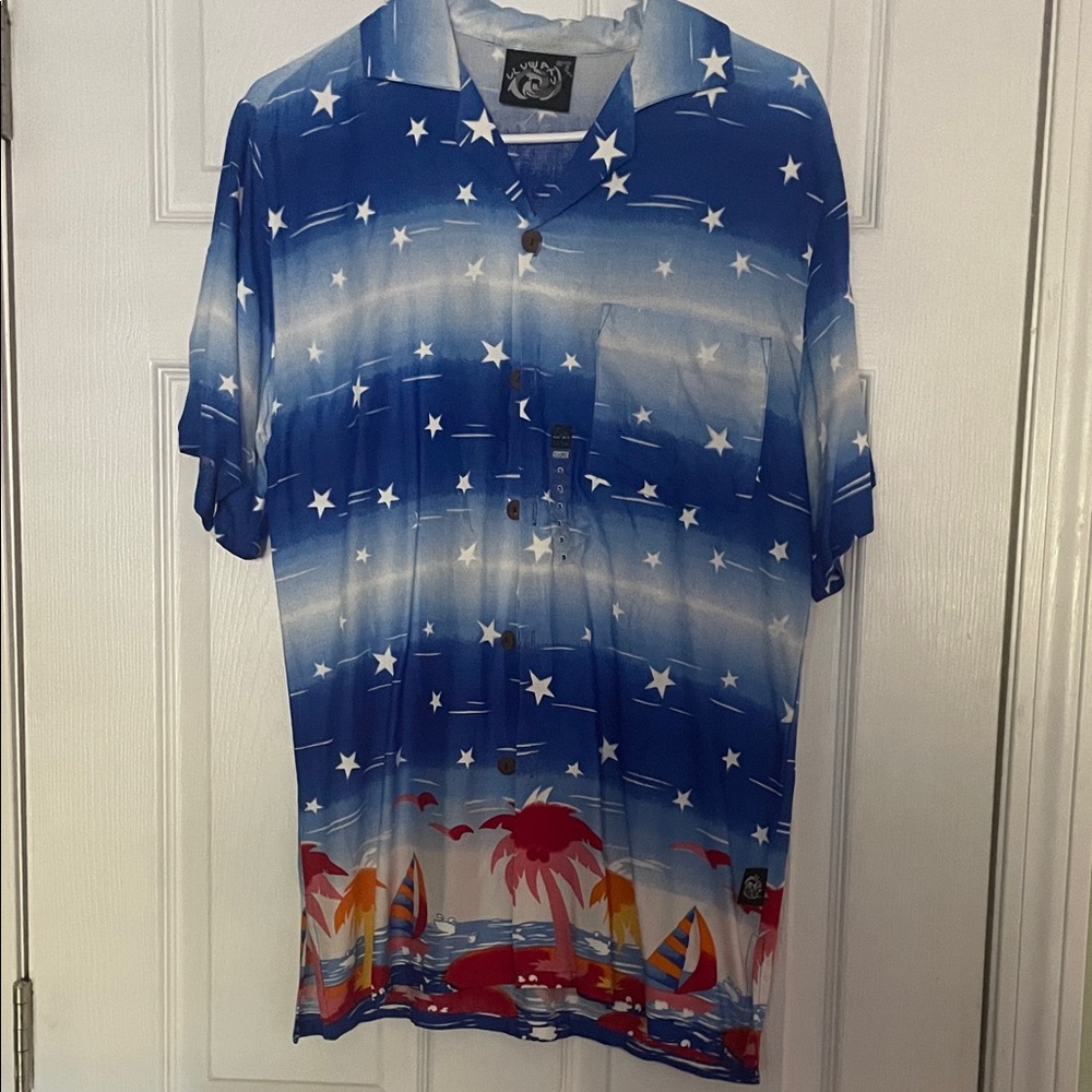 Venezia Blue and White Starry Men's Shirt with Red Accents